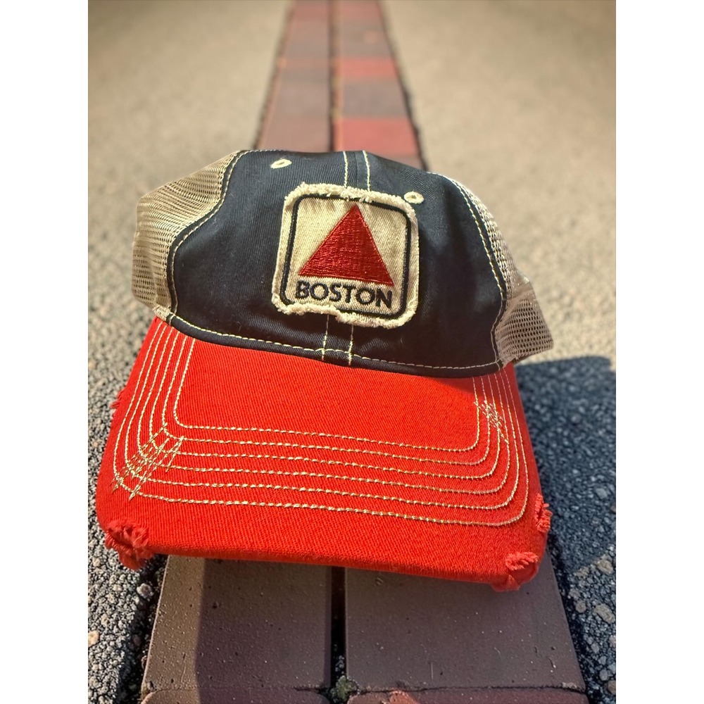 Boston Sports‎ Co Trucker Hat Distressed Navy Red Mesh Snapback Cap Boston Logo